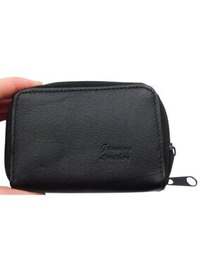 Genuine Leather Black Zippered Wallet With ID Window & Dual Compartments